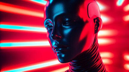 Wall Mural - A woman's face is shown in a red and blue light