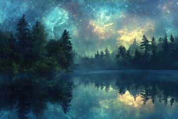 Aufkleber - Mystical forest lake mirroring a vibrant, starry night sky.