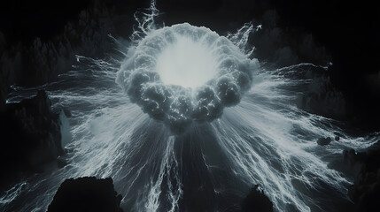 Poster - Black and white image of a large explosion with abstract elements and contrasting visuals