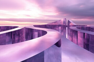Aufkleber - Abstract purple architecture under a sunset sky, reflecting light and creating a futuristic, surreal landscape.