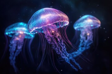 Poster - Three bioluminescent jellyfish gracefully swim in the dark ocean depths, exhibiting vibrant purple and blue hues.