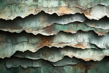 Poster - Layered, weathered metal surface with rust and teal tones creating a textured abstract landscape.