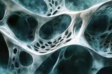 Poster - Abstract 3D render of a porous, cavernous structure, resembling bone or a network.