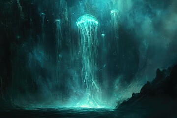 Poster - Glowing jellyfish illuminate a dark, underwater cave, creating a mystical and ethereal scene.