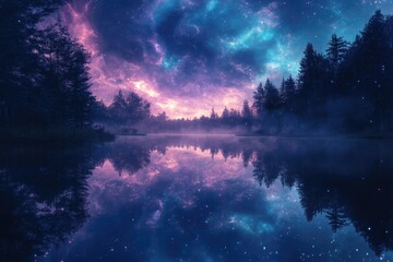 Poster - Magical night scene with a tranquil lake reflecting a vibrant, starry sky above a misty forest.