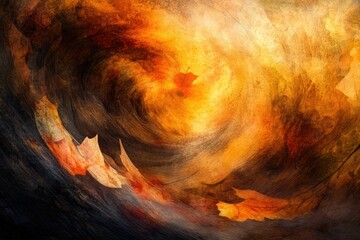 Poster - Abstract autumnal swirl of orange and brown leaves, evocative of change and the season's end.