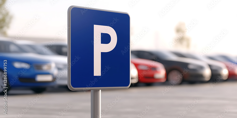 Sign displaying parking area with a white P and blurred car background ...