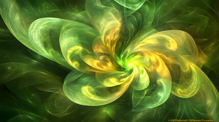 Poster - Green and yellow flower on black background abstract visualization art