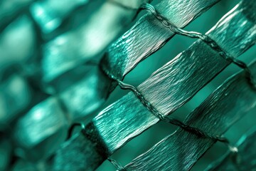 Poster - Close-up of a teal woven mesh, showcasing intricate texture and interwoven strands.