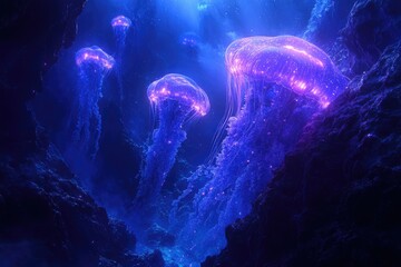 Poster - Glowing bioluminescent jellyfish illuminate a dark underwater cave, creating a magical scene.