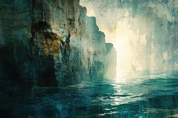 Poster - Majestic cliffs meet serene ocean; light filters through a misty, textured scene.