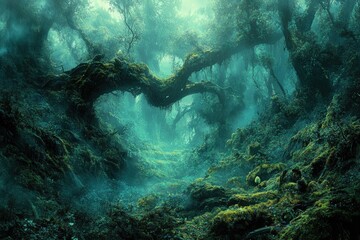 Aufkleber - Enchanted forest path shrouded in mist, moss-covered trees create a mystical atmosphere.