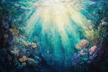 Poster - Sunbeams illuminate a vibrant underwater coral reef, showcasing diverse marine life in a breathtaking scene.