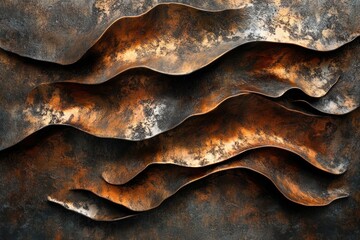 Aufkleber - Abstract art of layered, wavy, dark-copper metallic forms with a textured, rustic finish.