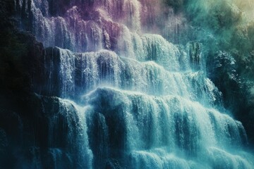 Poster - Serene cascading waterfall with teal and purple hues, nature's tranquil beauty.