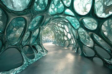 Aufkleber - Abstract turquoise tunnel, biomorphic architecture, futuristic organic design, glowing teal interior.