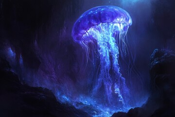 Wall Mural - A bioluminescent jellyfish illuminates a dark, underwater cave, its vibrant blue glow contrasting with the surrounding shadows.