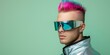 © Jan - A young man with vibrant pink mohawk haircut and futuristic sunglasses and shiny silver jacket with copy space