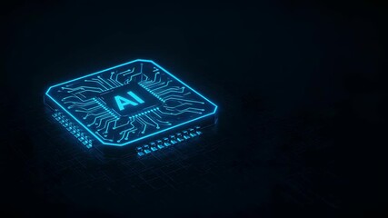 Poster - Glowing ai chip on dark background. Futuristic neon blue processor. Advanced technology concept. Machine learning and artificial intelligence. Digital innovation