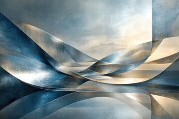 Leinwandbilder - Abstract metallic wavescape, serene and futuristic, blending blue and gold tones.