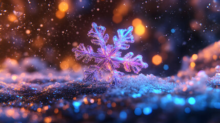 Poster - Snowflake resting on a snowy ground with a blurred background and soft textures in winter scenery