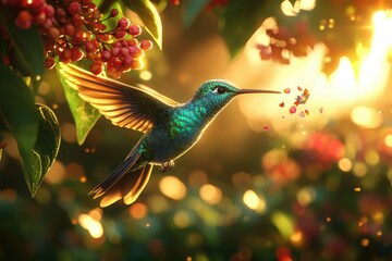 Poster - A vibrant hummingbird in flight, gracefully feeding on nectar from blossoms at sunset.