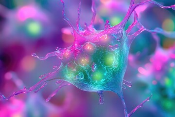 Aufkleber - Microscopic view of a vibrant, irregular-shaped cell with numerous projections, possibly a dendritic cell or immune cell.