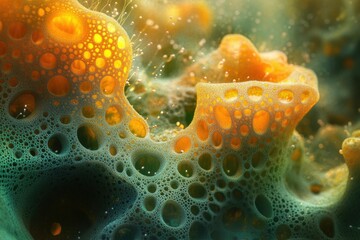 Poster - Abstract close-up of a vibrant, porous, organic structure resembling a colorful coral reef or alien landscape.