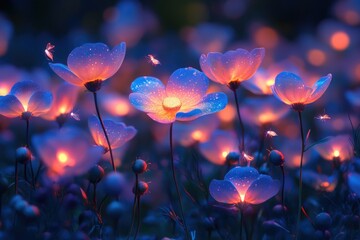 Aufkleber - Glowing, bioluminescent flowers illuminate a magical night field, insects flitting nearby.