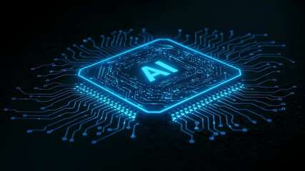 Poster - Glowing ai chip with circuit paths. Futuristic technology concept. Advanced computing and machine learning. Digital innovation and artificial intelligence development.