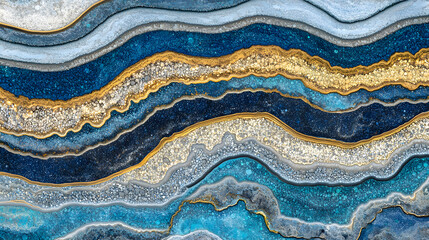 Poster - Abstract painting featuring blue and gold waves with floral elements in a dynamic artistic expression