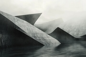 Aufkleber - Abstract grayscale image depicting minimalist concrete architecture in a foggy, surreal landscape.