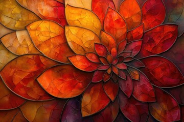 Poster - Abstract painting of a flower with overlapping petals in warm, autumnal hues of red, orange, and brown.