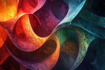 Fototapete - Abstract cosmic artwork featuring vibrant, swirling, textured ribbons in a blend of red, orange, green, and blue hues.