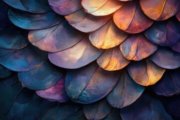 Fototapete - Close-up of iridescent feathers, displaying a vibrant array of purple, teal, and gold hues.