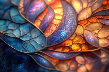 Aufkleber - Intricate, abstract artwork featuring vibrant blue and orange organic shapes with textured surfaces, resembling stained glass or fractal patterns.