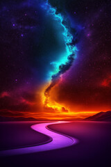 Poster - Winding river flows through surreal landscape under vibrant nebula and starry sky