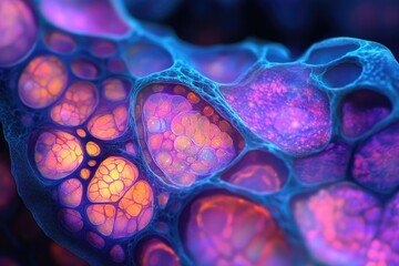 Poster - Microscopic view of vibrant, interconnected cells, showcasing intricate network and glowing inner structures.