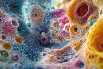 Poster - A vibrant, abstract image depicting a colorful, bubbly, and organic structure resembling a microscopic view of cells or a fantastical landscape.