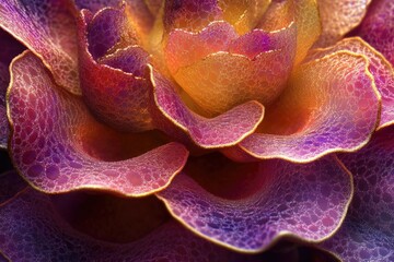 Poster - Close-up of a vibrant, textured flower with iridescent purple and orange petals, showcasing intricate details.
