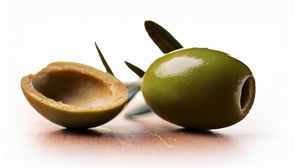 Aufkleber - Olive Pit Lying Gracefully Beside Its Hollow Shell in a Soft Light