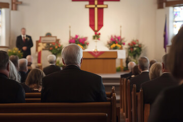 People gather in church pews, attending a formal event, with a speaker at the altar and a symbol behind.