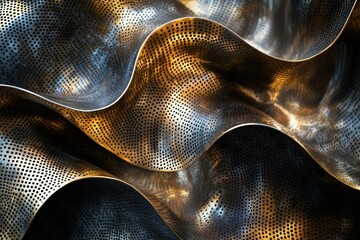 Aufkleber - Abstract image of undulating perforated metal sheet with a dark and golden color scheme.