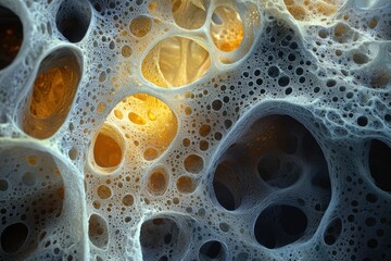 Aufkleber - Abstract 3D render of a porous, cavernous structure with interconnected cavities and glowing amber highlights.