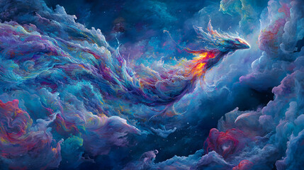Poster - Artistic painting of a colorful nebula with swirling patterns and vibrant colors in a cosmic background