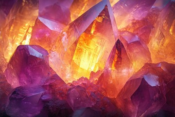 Poster - A mesmerizing cluster of amethyst and citrine crystals, glowing with vibrant, warm hues.