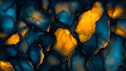 Poster - Close up of a blue and yellow textured wall with a tulip flower in the foreground