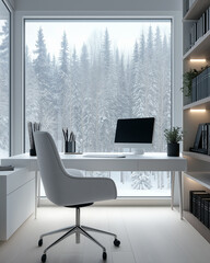 Aufkleber - Modern home office overlooking snowy winter forest: working from home in style and comfort