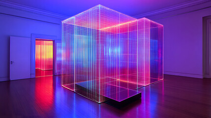 Poster - Glass cube illuminated with neon colored light showcasing an abstract ethereal design