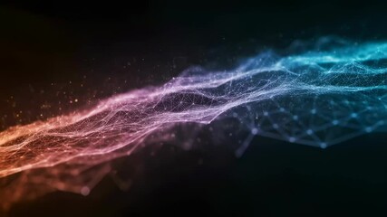 Poster - Abstract network visualization. Colorful digital waves with connected dots. Futuristic technology concept. Data flow and connectivity. Modern communication background for tech presentations